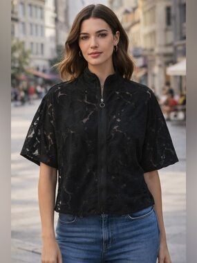 Worth New York Black Sheer Embroidered Zip Jacket Small